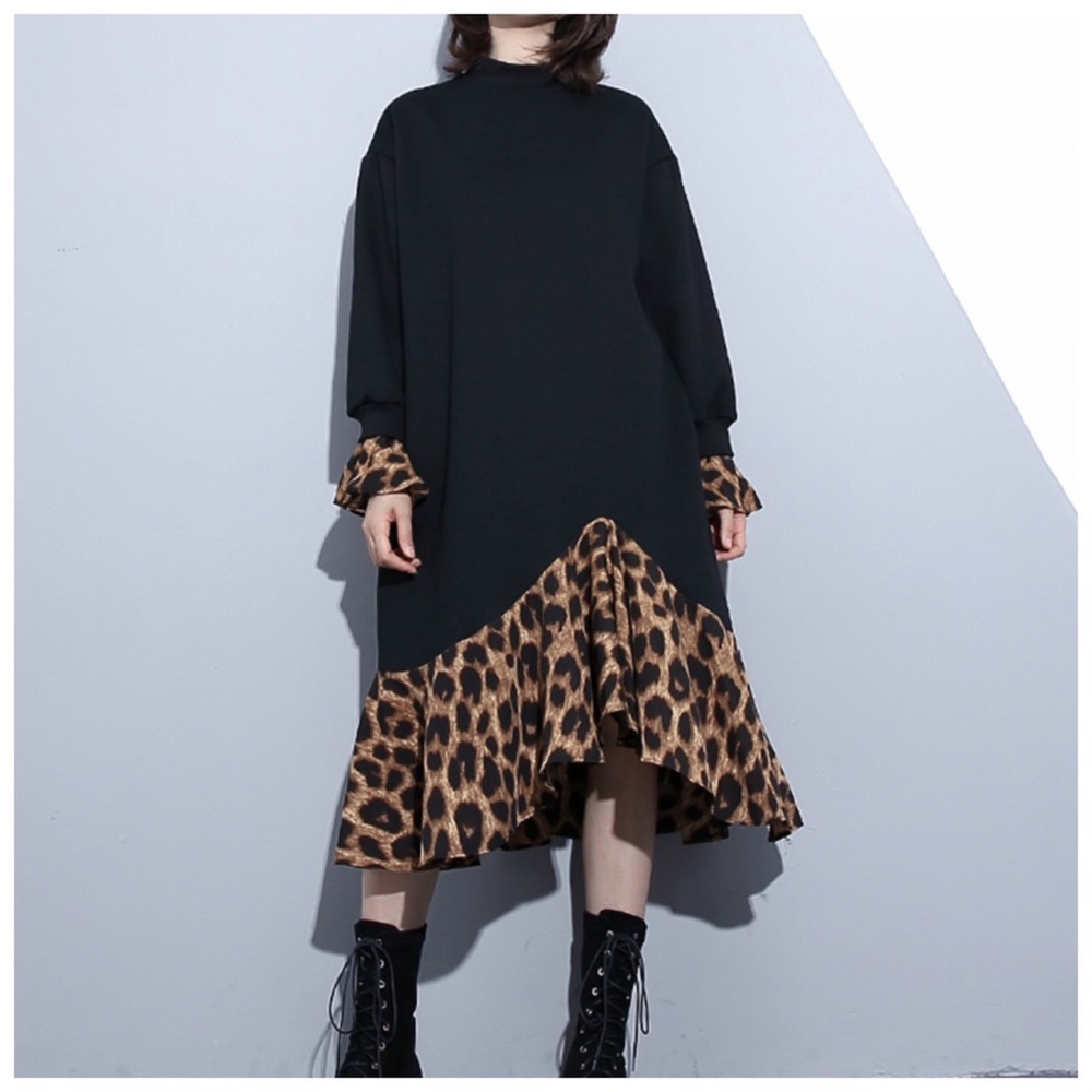 Black Leopard Ruffle Oversize Dress C67 - Picture 2 of 6